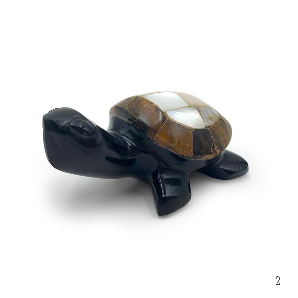 Tortue Obsidienne Noire, Oeil de Tigre et Nacre