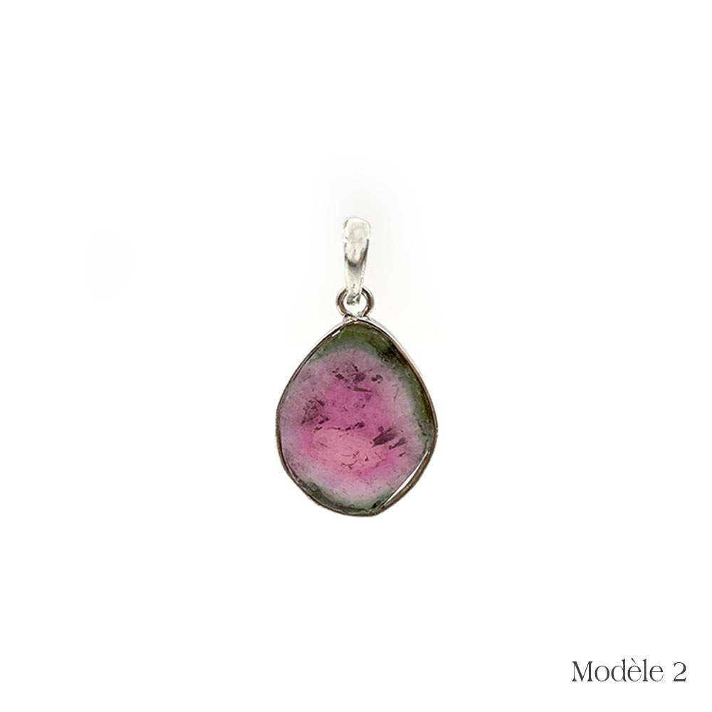 Pendentif en Tourmaline melon d'eau cerclé en Argent Massif 925/1000