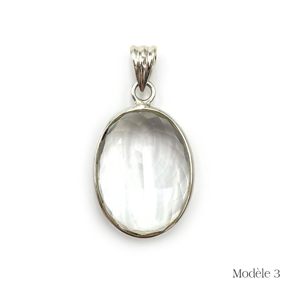 Pendentif en Cristal de roche cerclé en Argent Massif