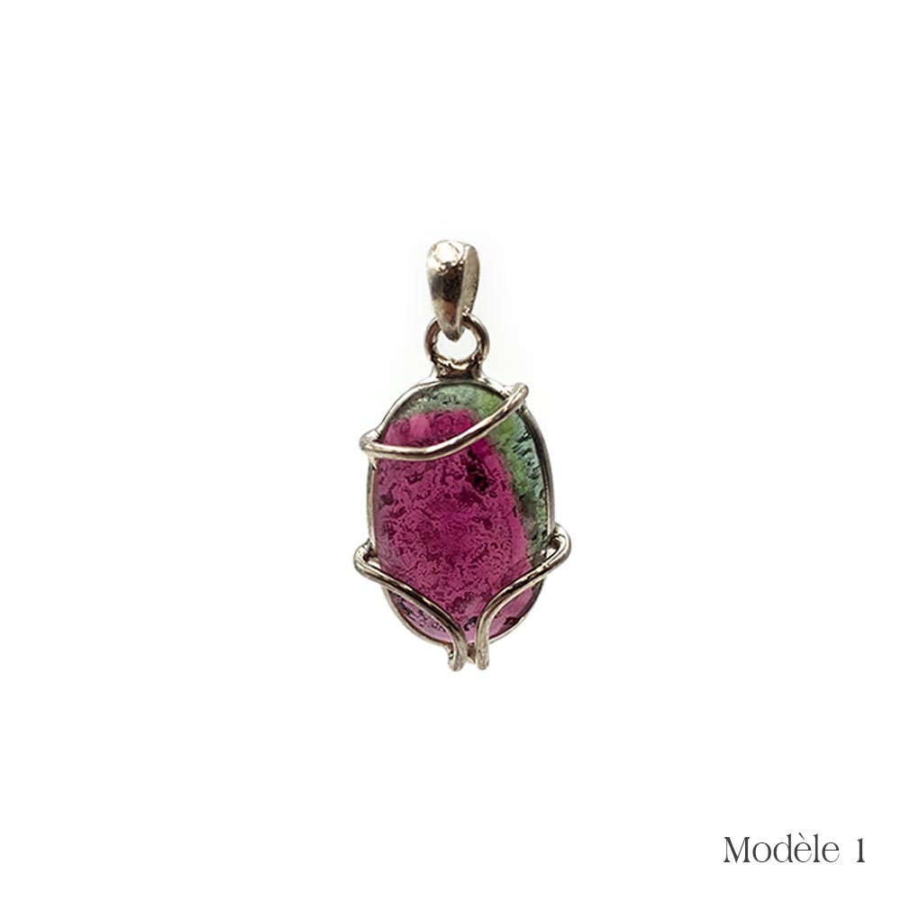 Pendentif en Tourmaline melon d'eau cerclé en Argent Massif 925/1000