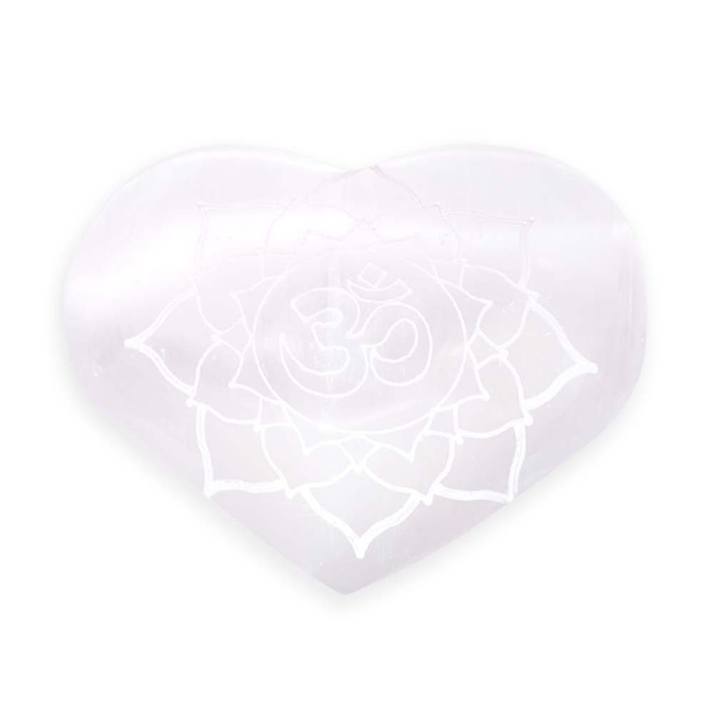 Coeur gravé en Sélénite - Om et Fleur de Lotus