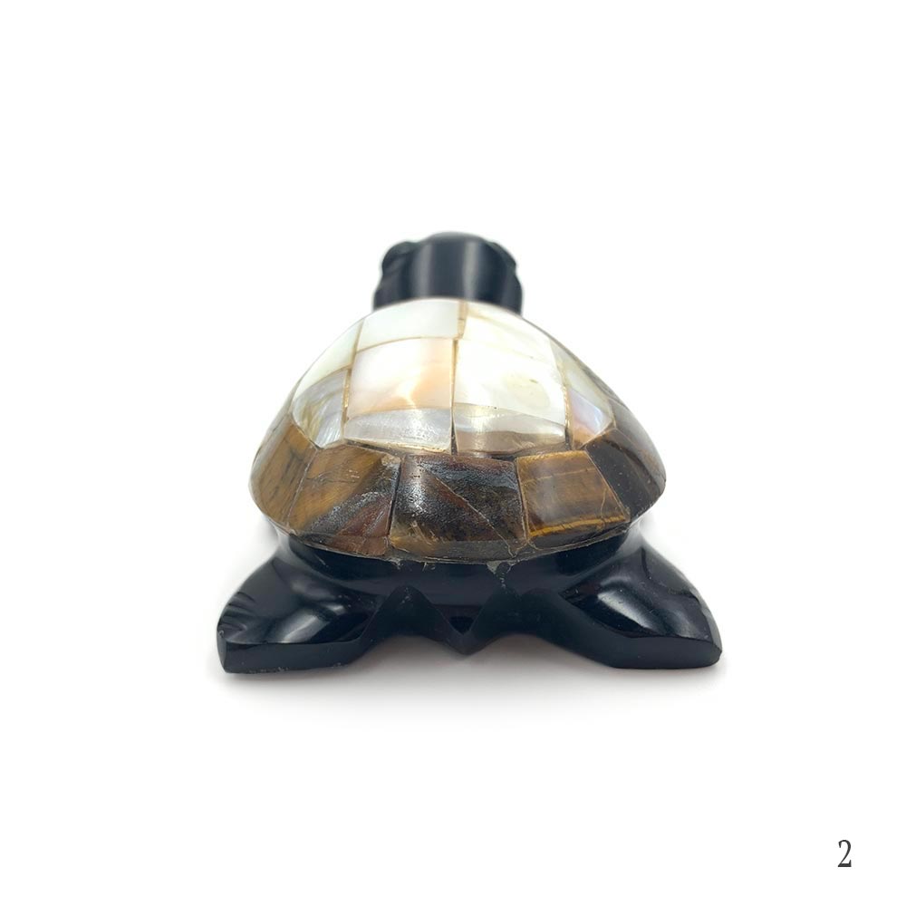 Tortue Obsidienne Noire, Oeil de Tigre et Nacre