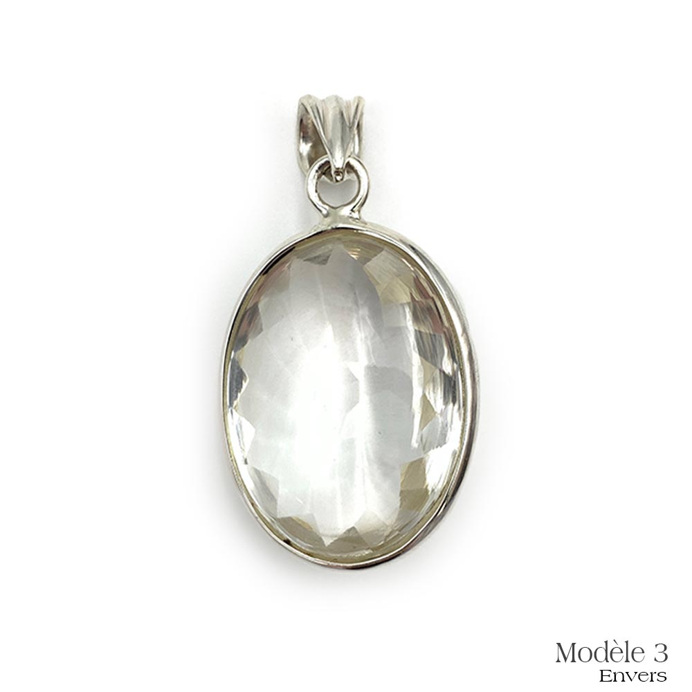 Pendentif en Cristal de roche cerclé en Argent Massif