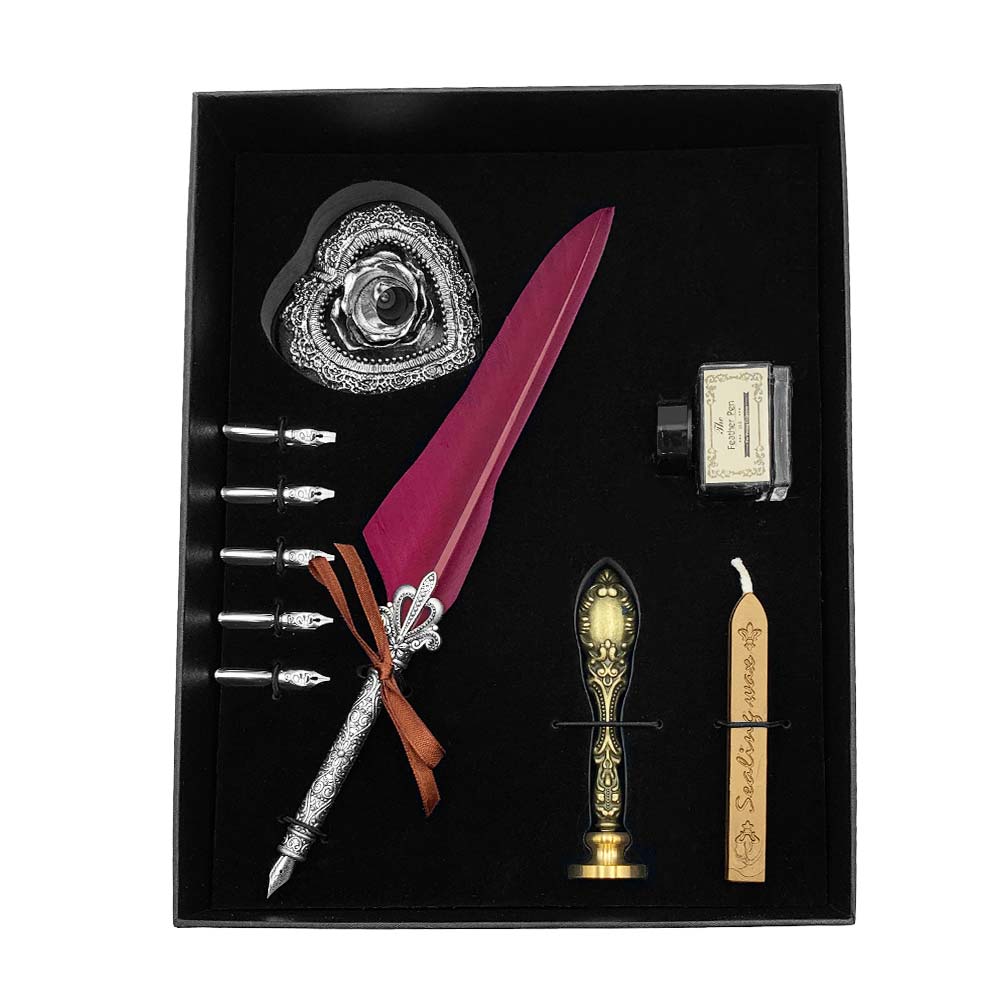 Set de calligraphie - Plume d'Oie Rouge, Porte-Plume et Cachet