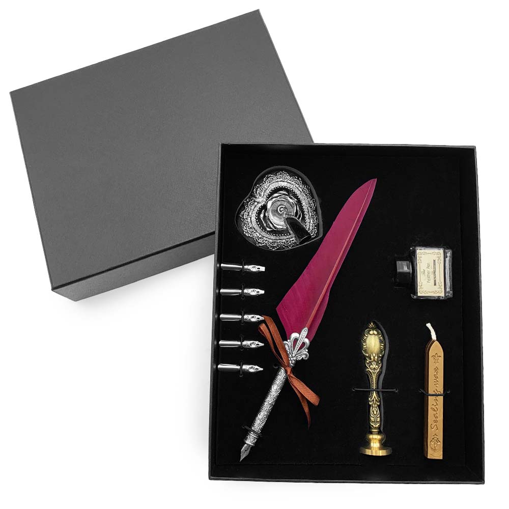 Set de calligraphie - Plume d'Oie Rouge, Porte-Plume et Cachet