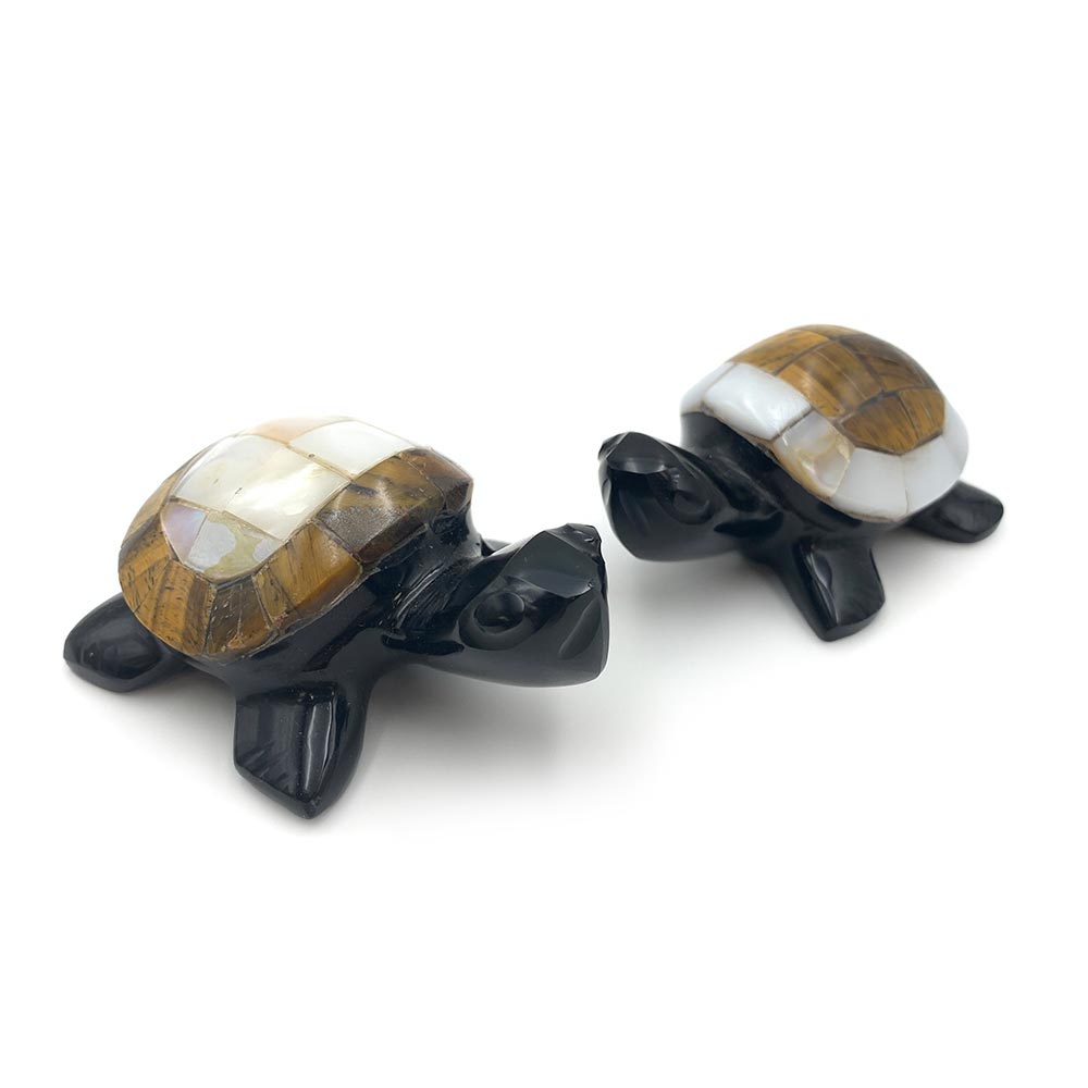 Tortue Obsidienne Noire, Oeil de Tigre et Nacre