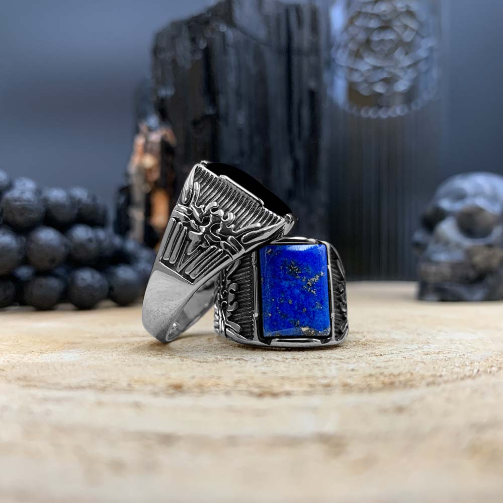 Bague Homme en Acier inoxydable et Pierre Naturelle - Modèle Chevalière "Kingdom"