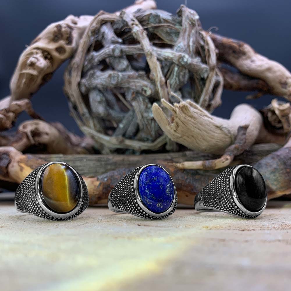 Bague Homme en Acier inoxydable et Pierre Naturelle - Modèle Chevalière "Knight"