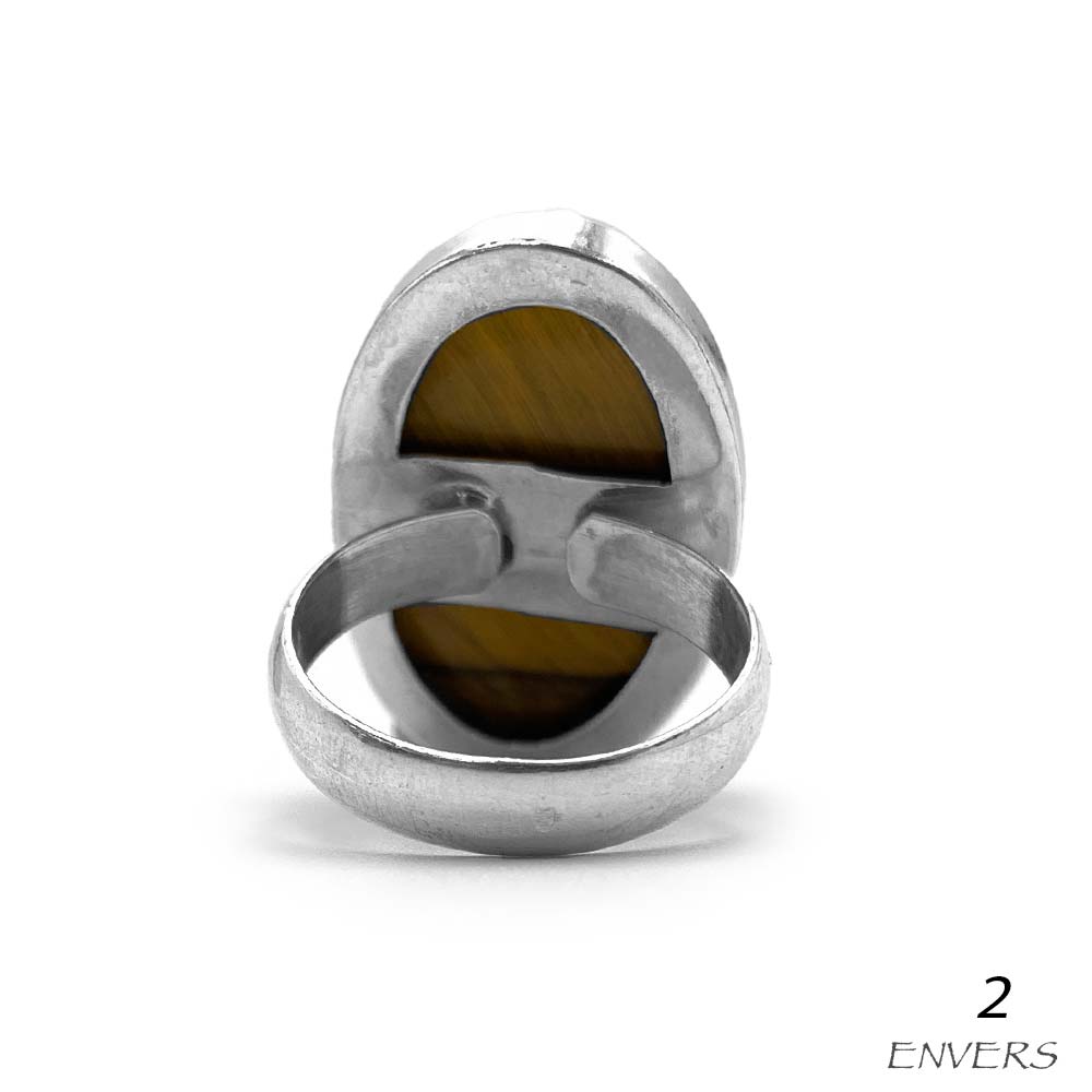 Bague Argent Massif Réglable en Œil de Tigre