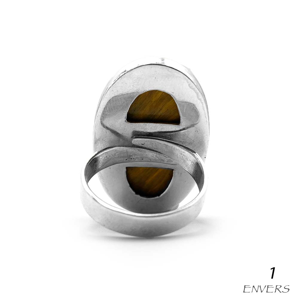 Bague Argent Massif Réglable en Œil de Tigre