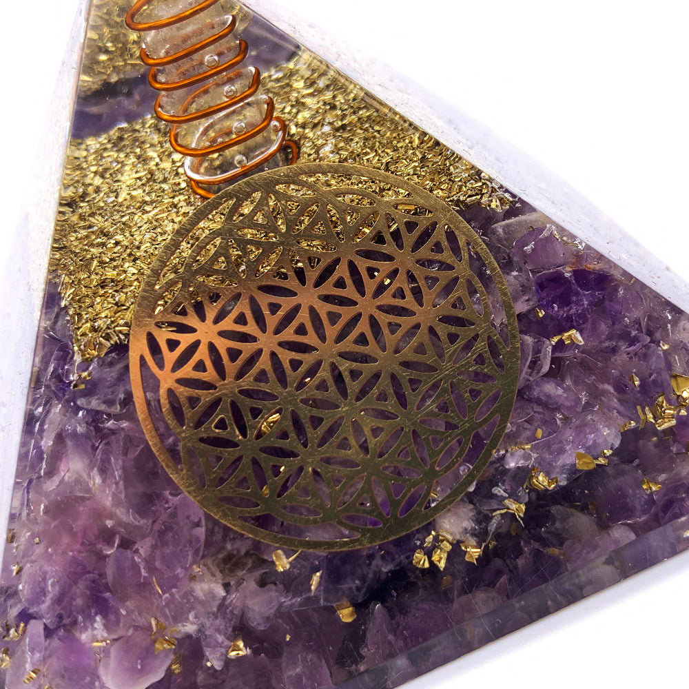 Pyramide Orgonite Améthyste - Fleur de Vie