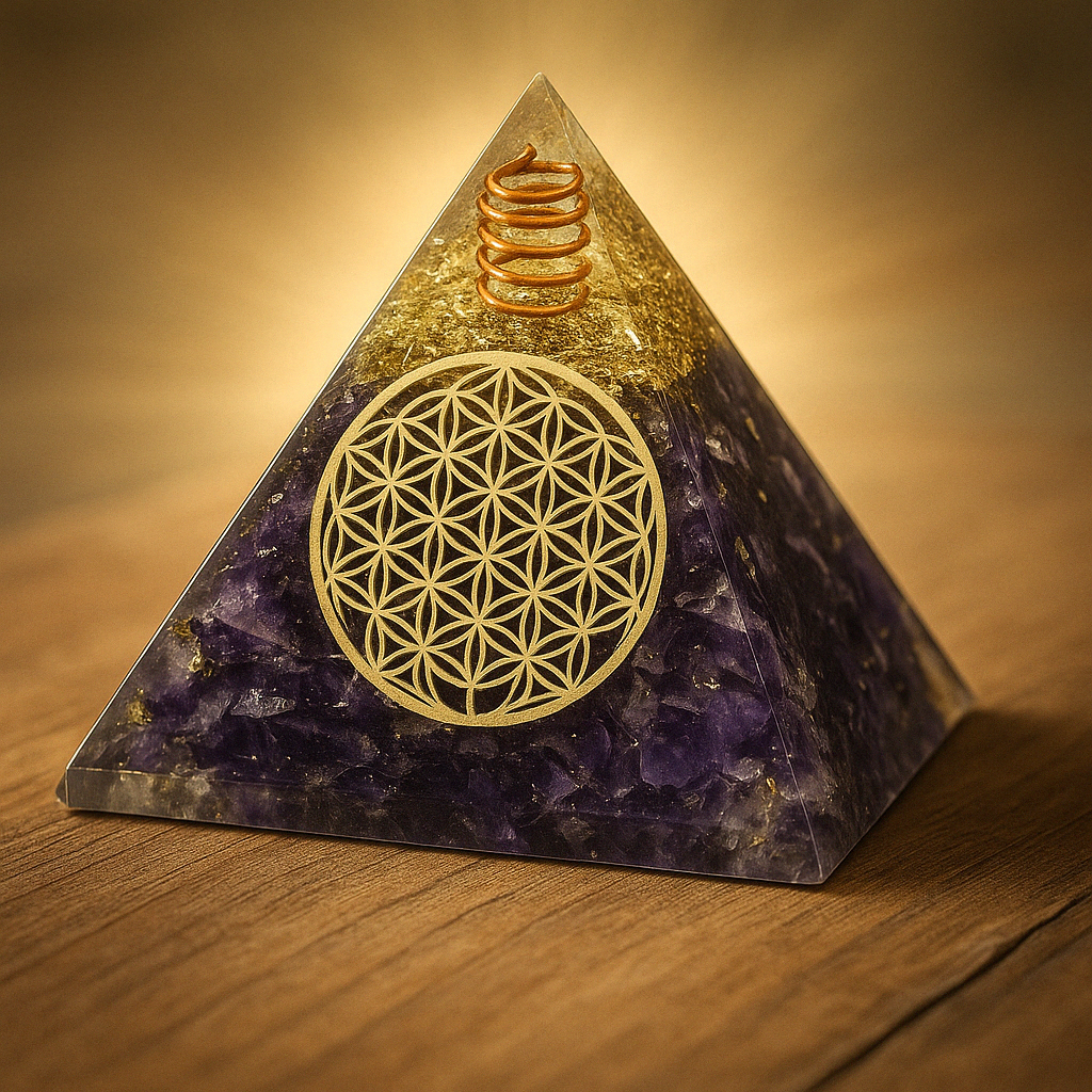 Pyramide Orgonite Améthyste - Fleur de Vie