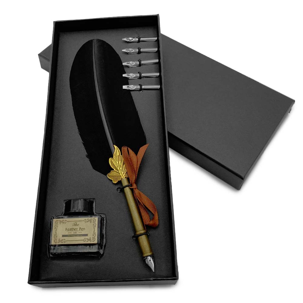 Set de Calligraphie - Plume de Dinde Noire et Tige en laiton "Feuille"