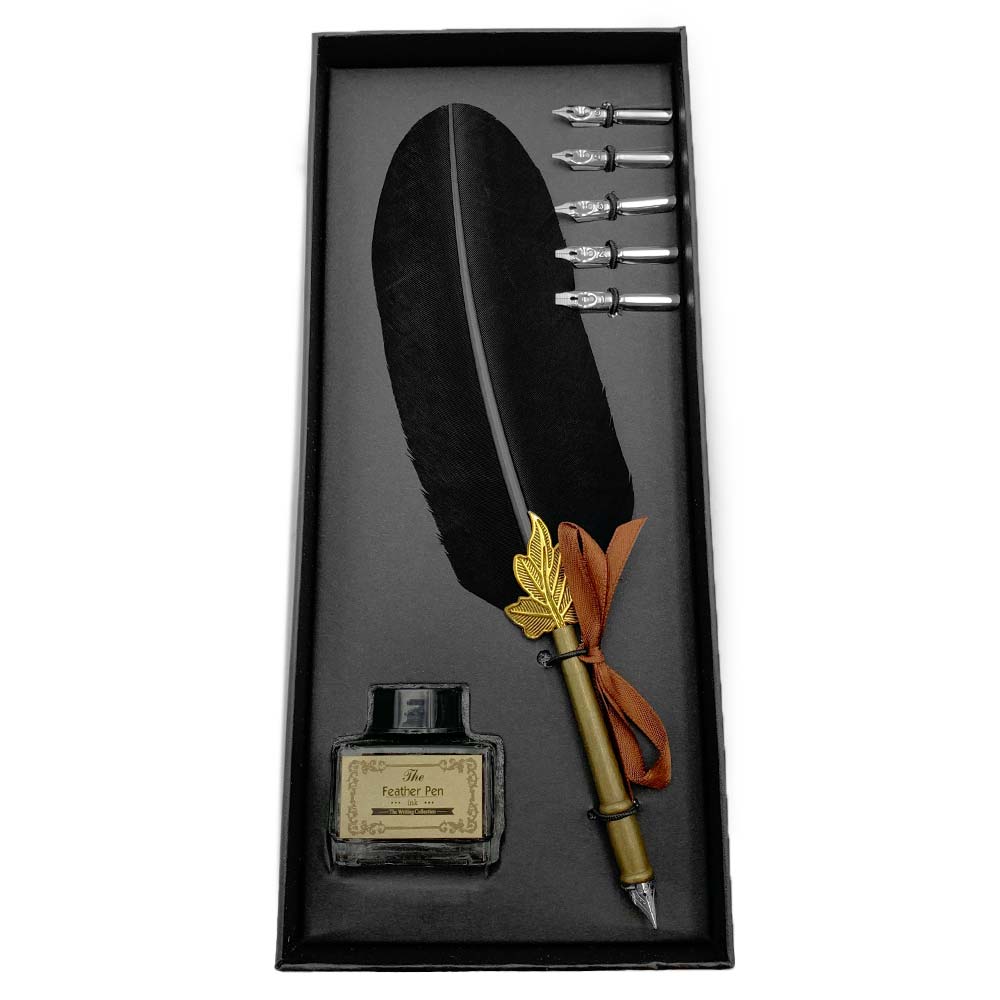 Set de Calligraphie - Plume de Dinde Noire et Tige en laiton "Feuille"
