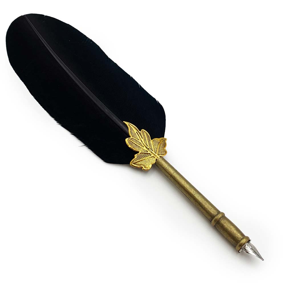 Set de Calligraphie - Plume de Dinde Noire et Tige en laiton "Feuille"