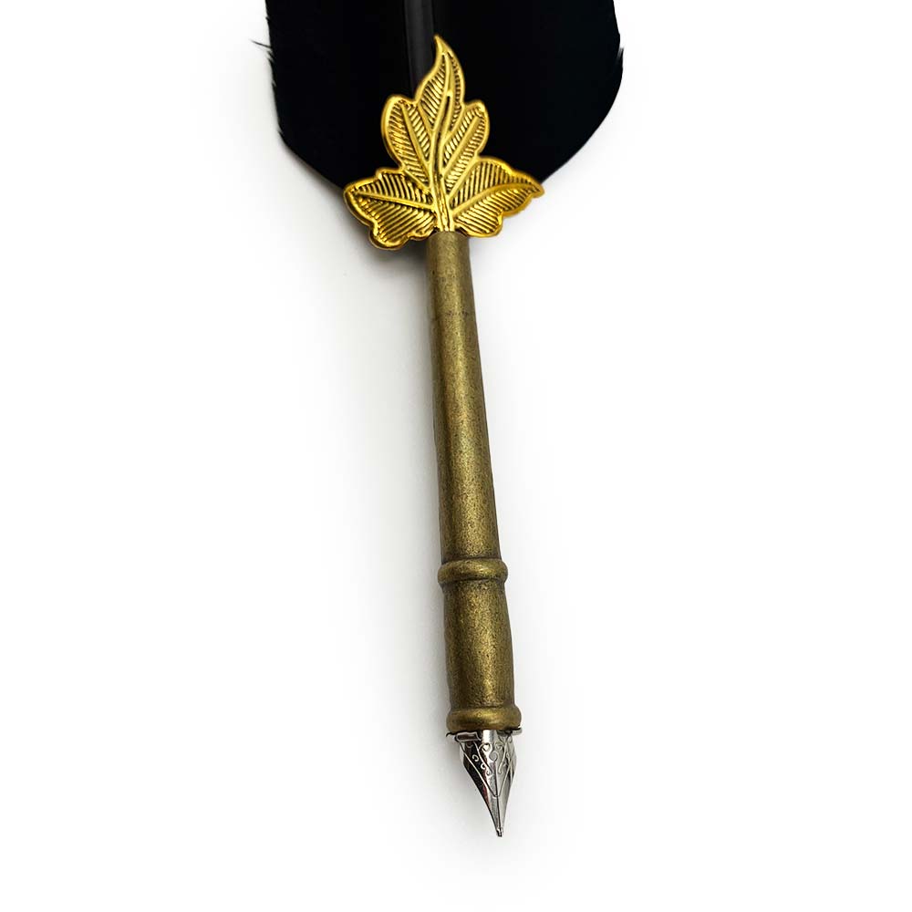 Set de Calligraphie - Plume de Dinde Noire et Tige en laiton "Feuille"