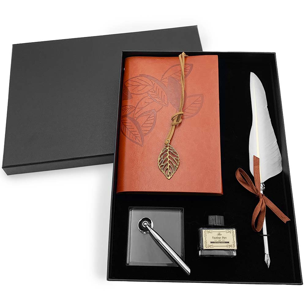 Set de calligraphie - Plume d'Oie Blanche, Porte-Plume et Carnet de Note