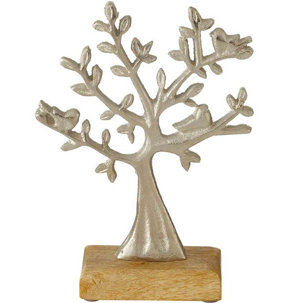 Arbre de Vie en Métal Argenté sur Socle en Bois de Manguier