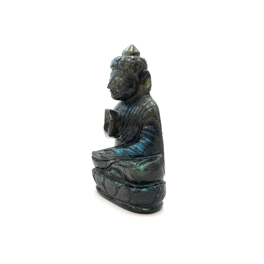 Statue Bouddha Protecteur en Labradorite taillée à la main - 11 cm