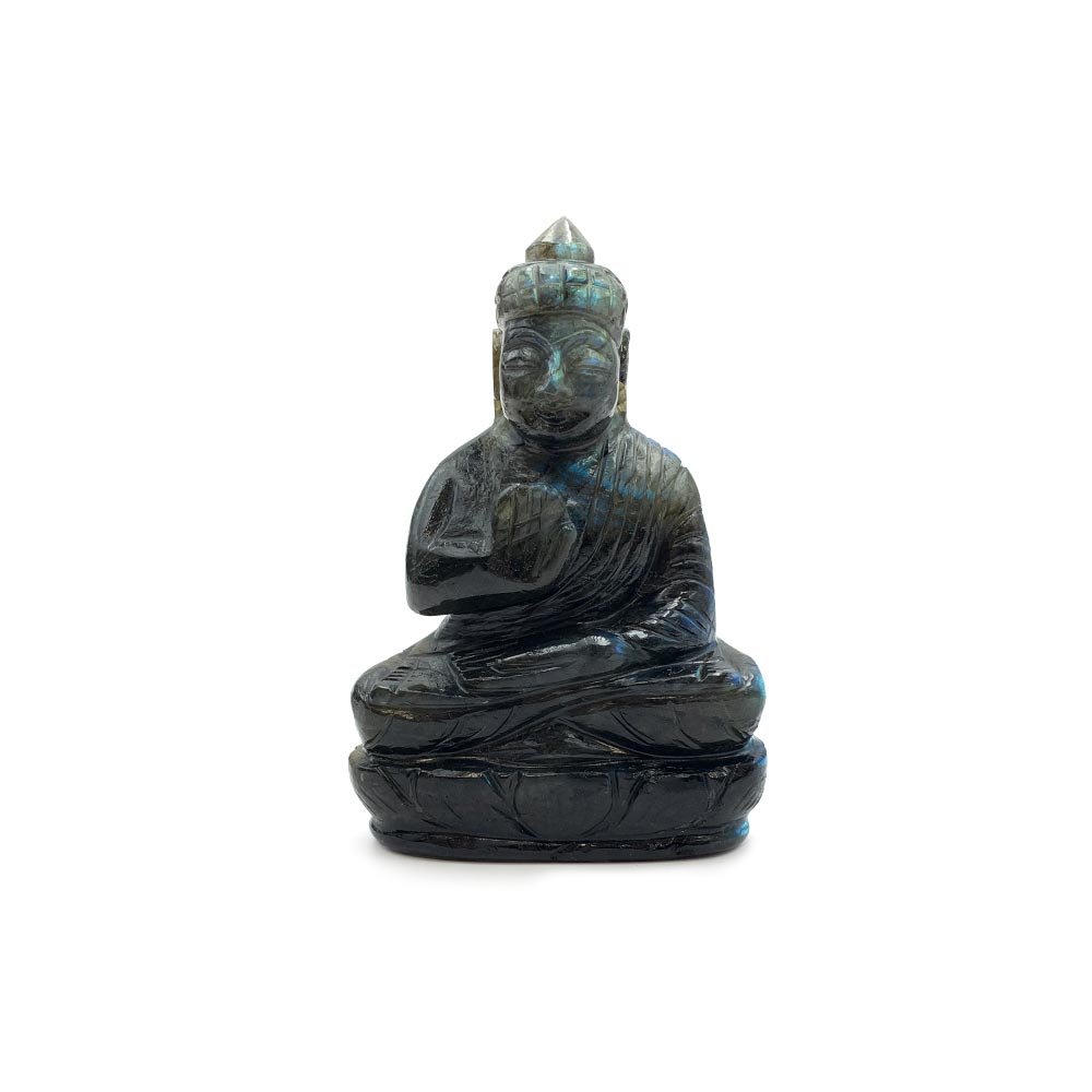 Statue Bouddha Protecteur en Labradorite taillée à la main - 11 cm