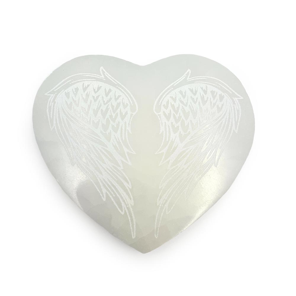 Cœur en Sélénite & ses Ailes d'Ange Gravées - 10 & 12 cm