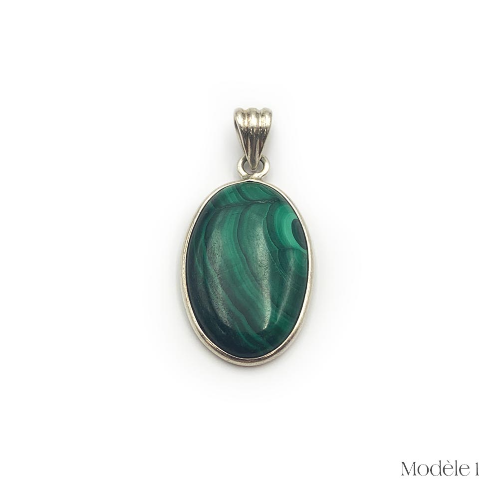 Pendentif Malachite cerclé en Argent Massif