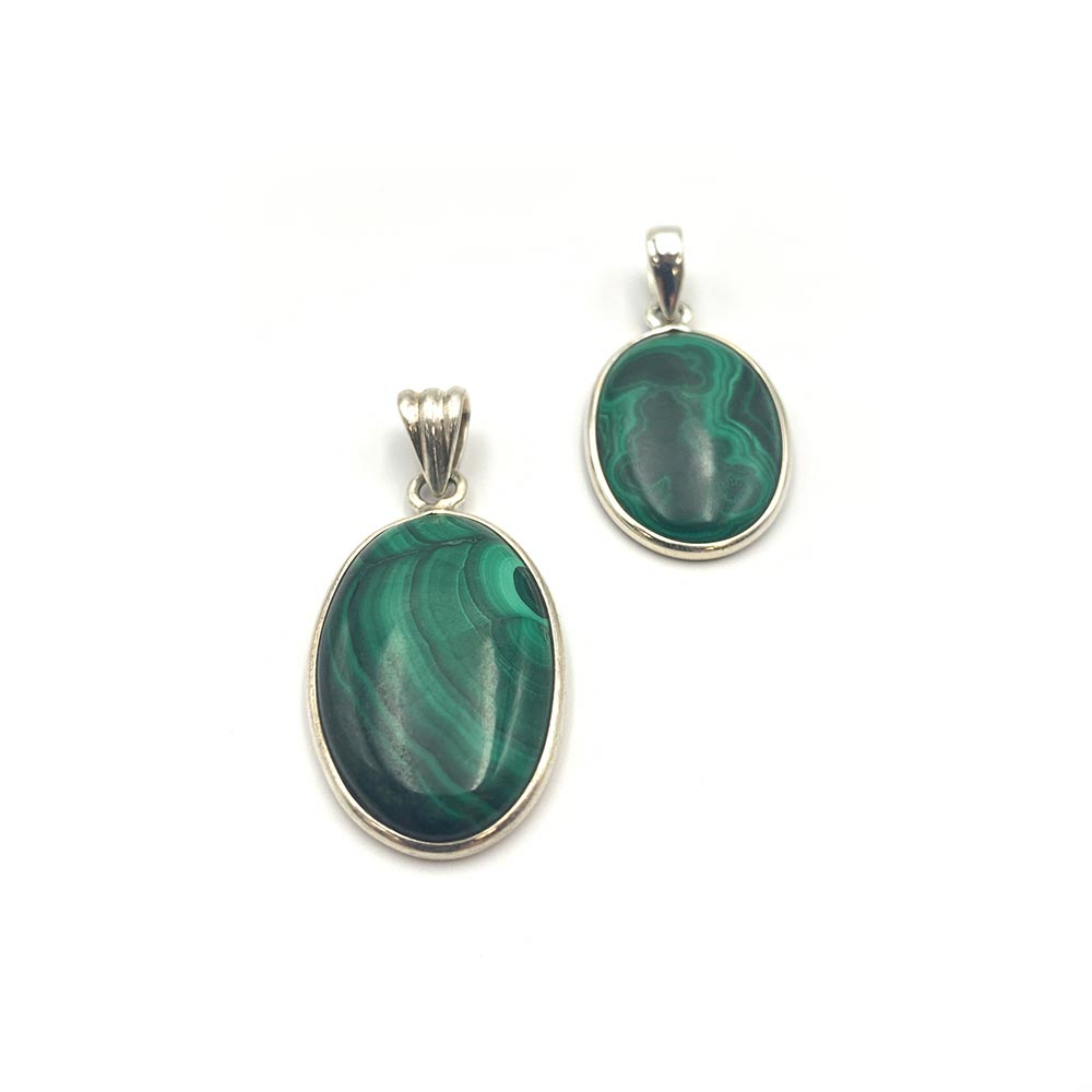 Pendentif Malachite cerclé en Argent Massif