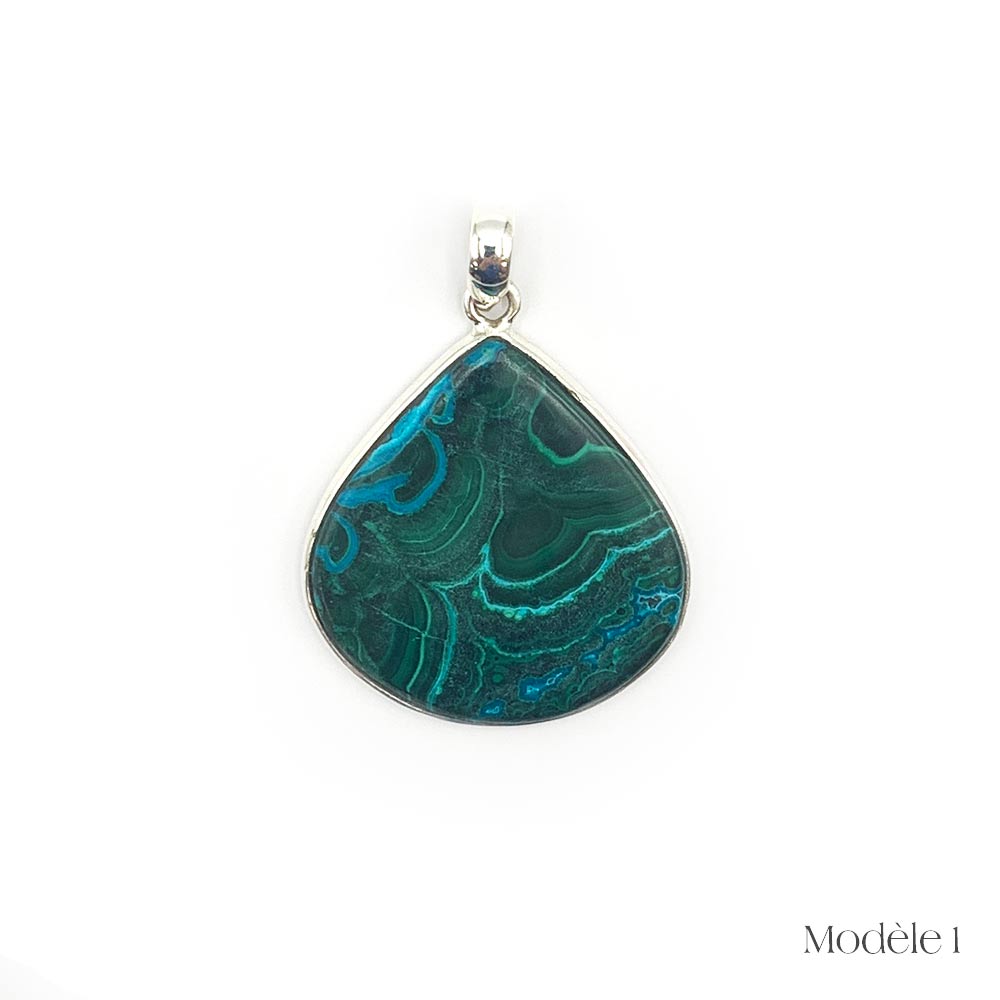 Pendentif Azurite - Malachite - Chrysocolle cerclé en Argent Massif