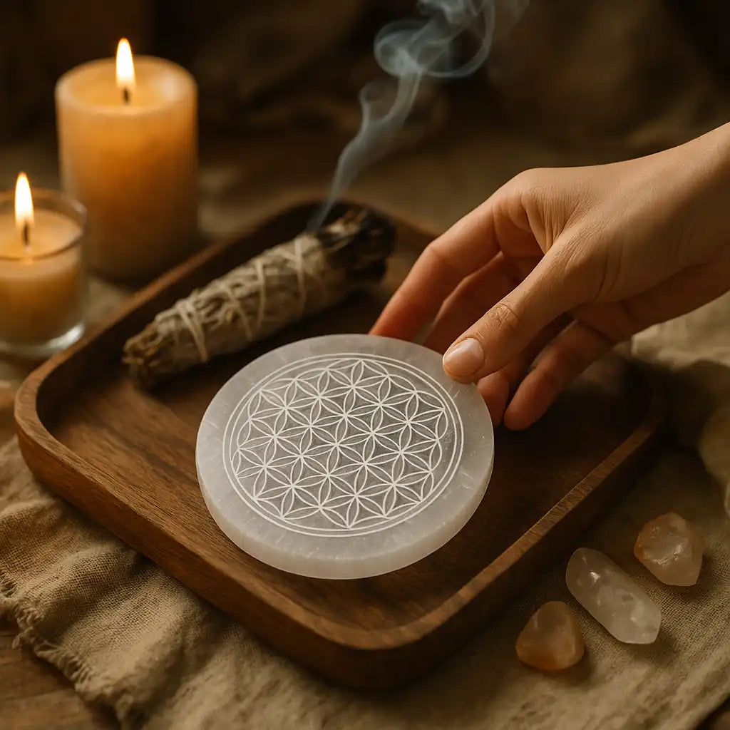 Support Fleur de Vie en Sélénite – Harmonisez et Purifiez vos Énergies