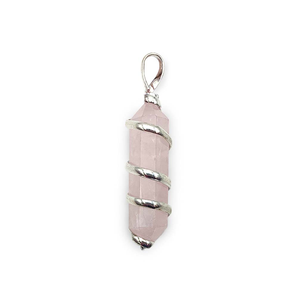 Pendentif Pointe Spirale Argentée en Quartz Rose