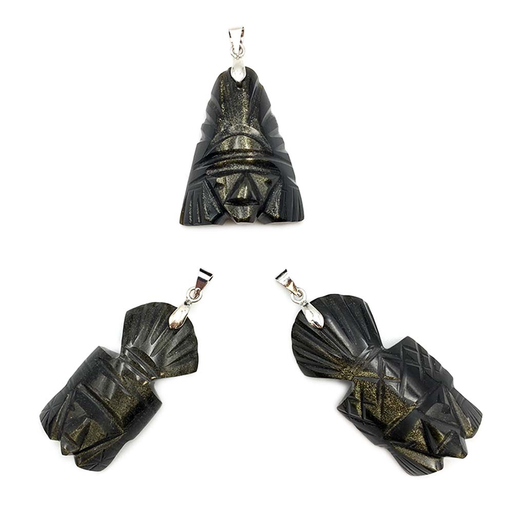Pendentif Totem en Obsidienne Dorée