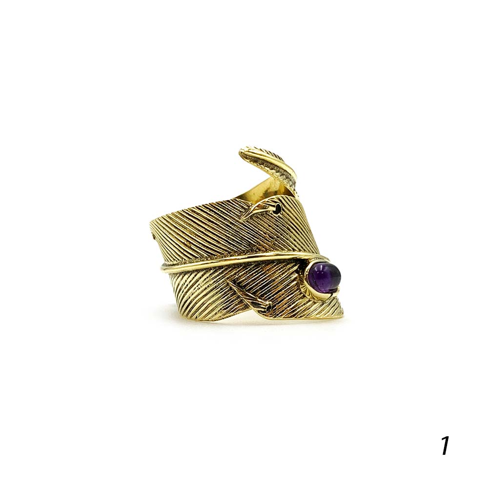 Bague Plume Ajustable en Laiton et Pierre Naturelle