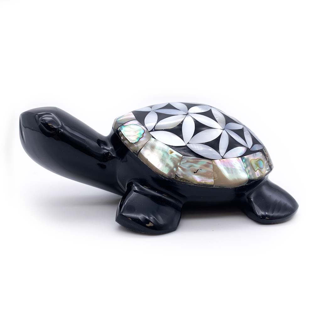 Tortue Obsidienne Noire et Nacre Fleur de Vie