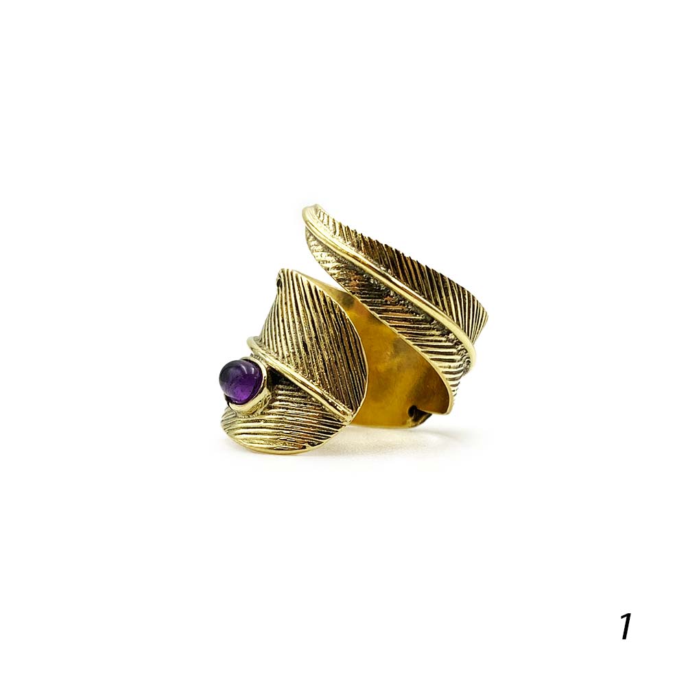 Bague Plume Ajustable en Laiton et Pierre Naturelle