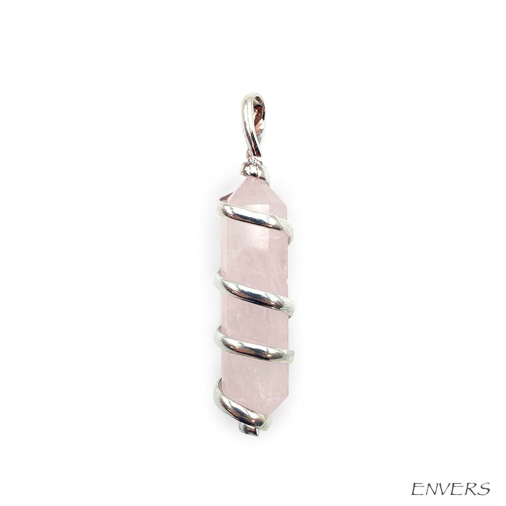 Pendentif Pointe Spirale Argentée en Quartz Rose