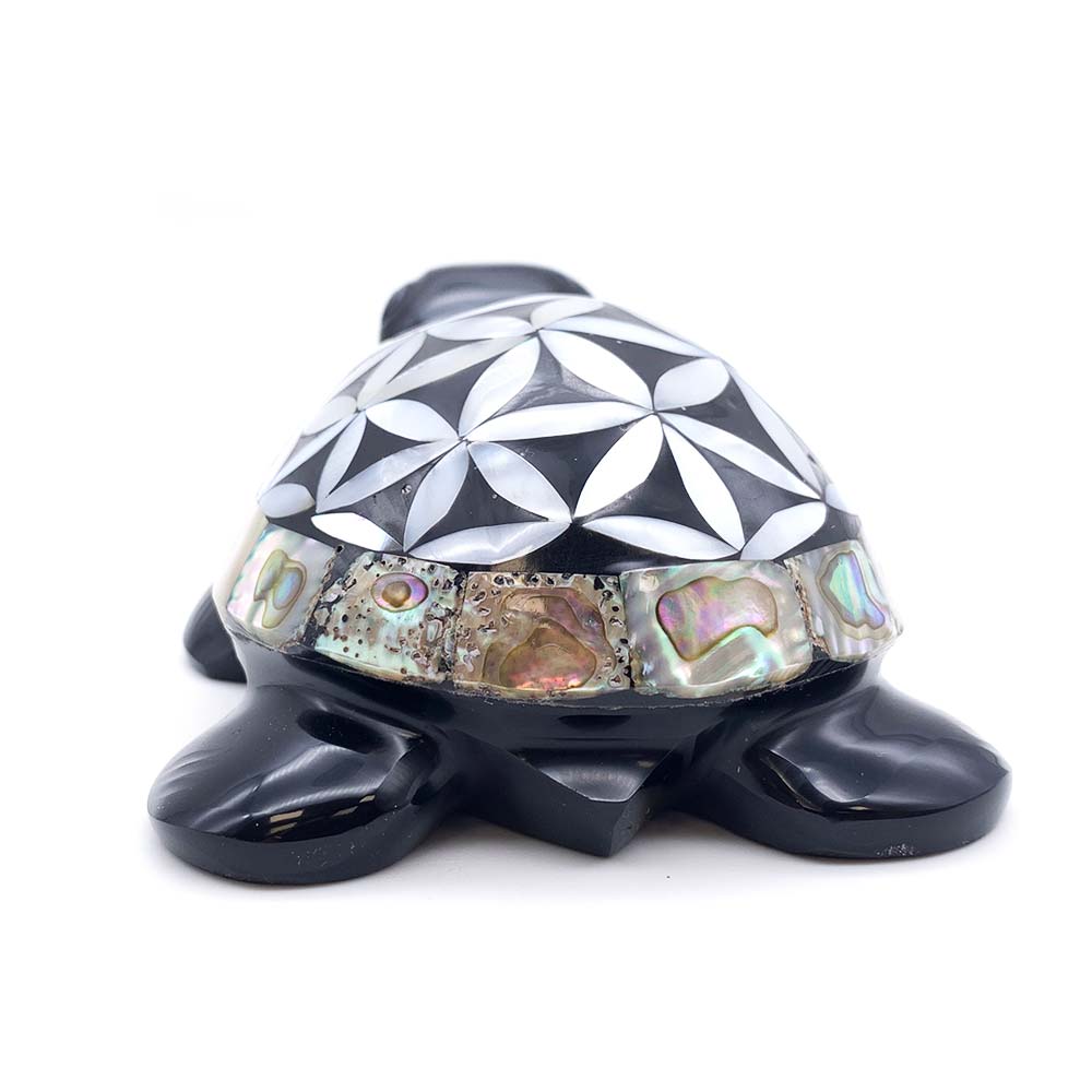 Tortue Obsidienne Noire et Nacre Fleur de Vie