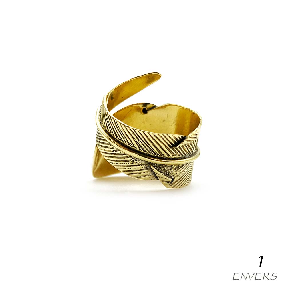 Bague Plume Ajustable en Laiton et Pierre Naturelle