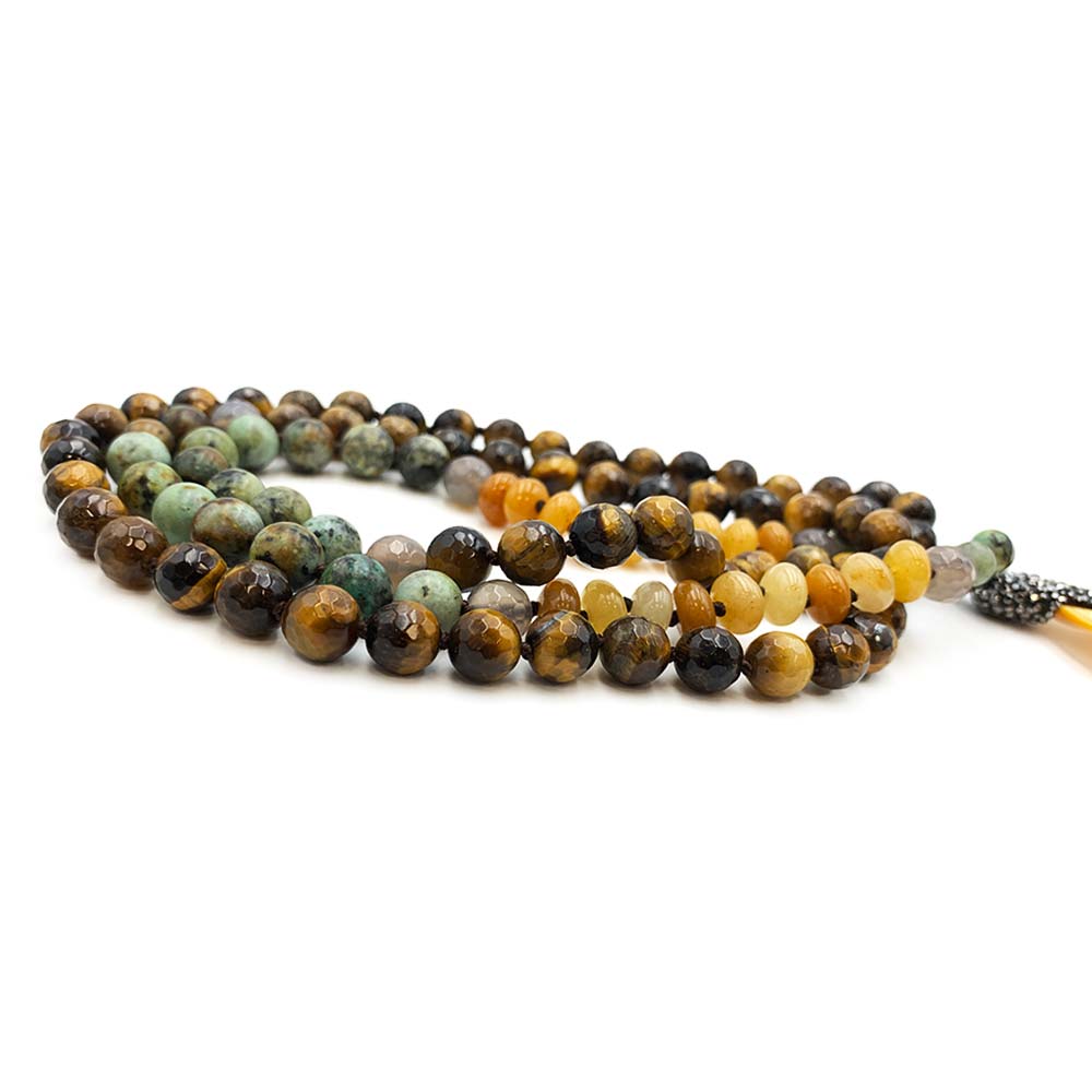 Collier Mala "Plume" 108 Perles en Oeil de Tigre et Turquoise Africaine