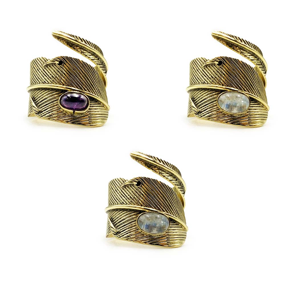 Bague Plume Ajustable en Laiton et Pierre Naturelle