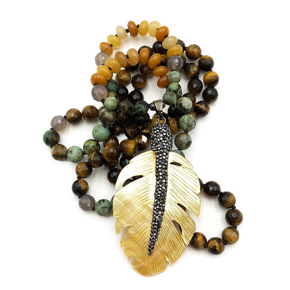 Collier Mala "Plume" 108 Perles en Oeil de Tigre et Turquoise Africaine