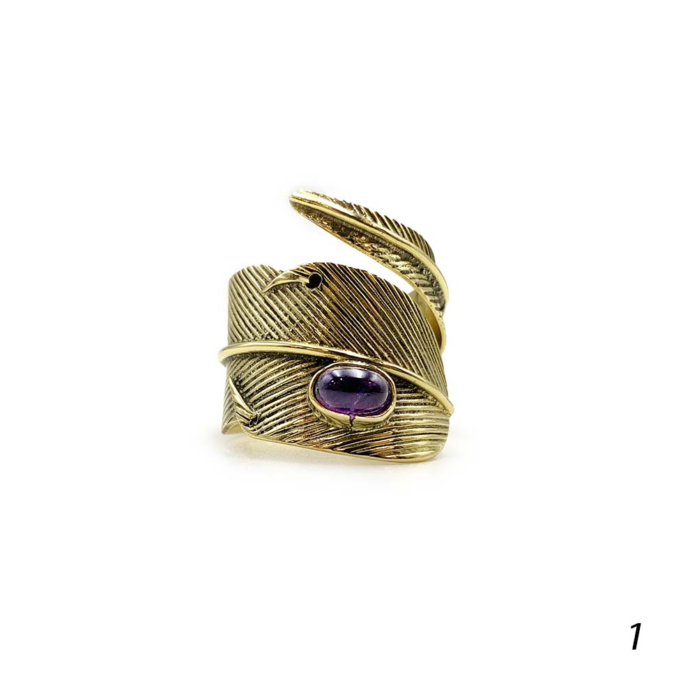 Bague Plume Ajustable en Laiton et Pierre Naturelle