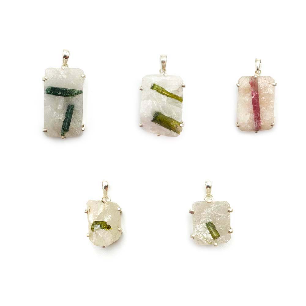 Pendentif Quartz Tourmaline Verte / Rubellite en Argent