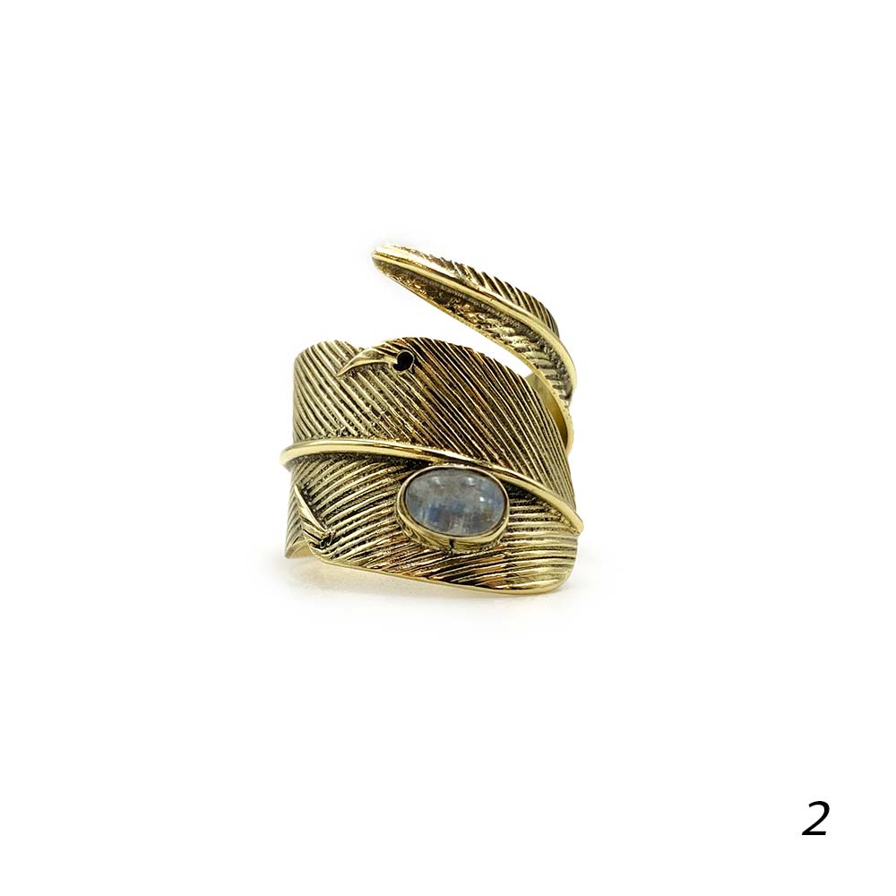 Bague Plume Ajustable en Laiton et Pierre Naturelle