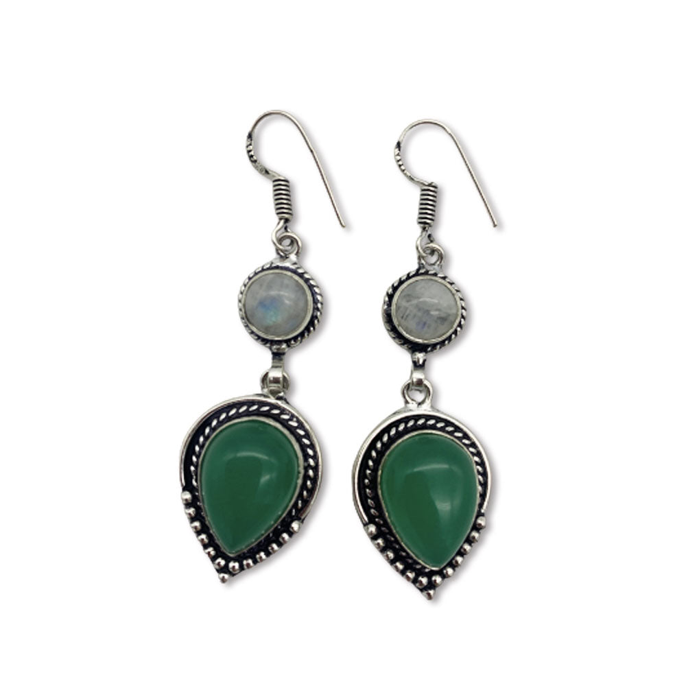 Boucles d'Oreilles Calcédoine verte et Pierre de lune