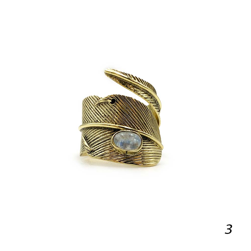 Bague Plume Ajustable en Laiton et Pierre Naturelle