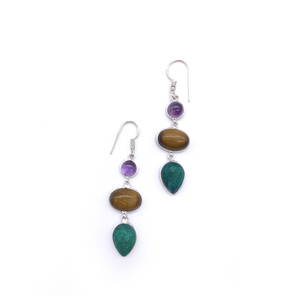 Boucles d'oreilles Amethyste - Oeil de Tigre - Emeraude